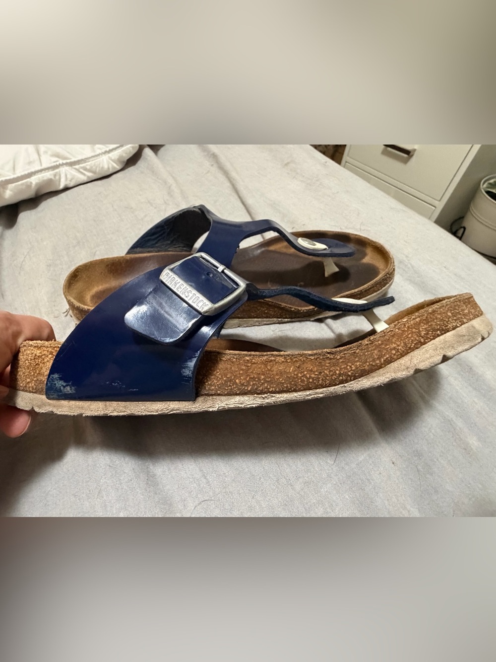 Well worn Birkenstock Navy Patent Buckle Sandals - Picture 2 of 8